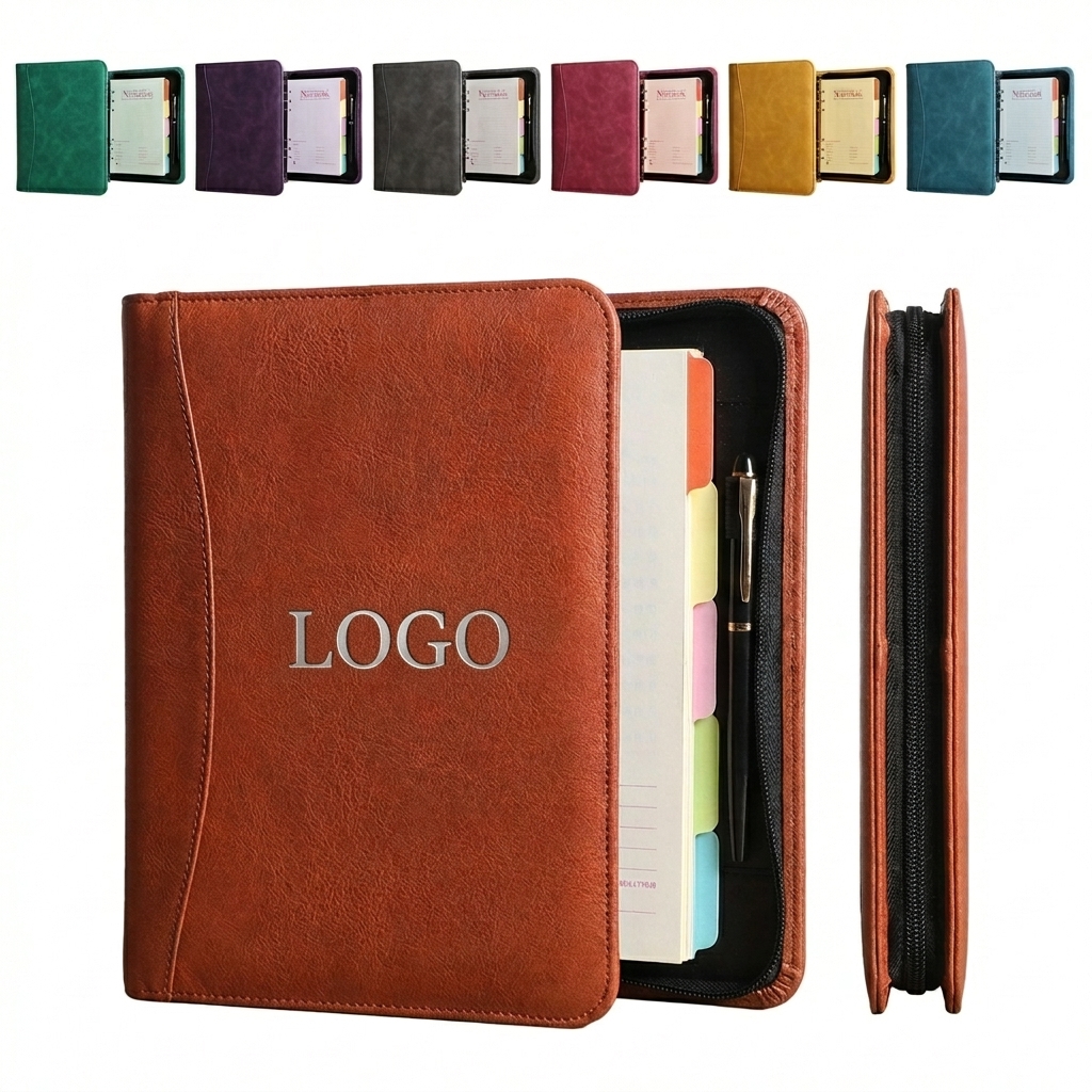 Professional PU Leather Zippered Ring Binder Organizer with Card Slots