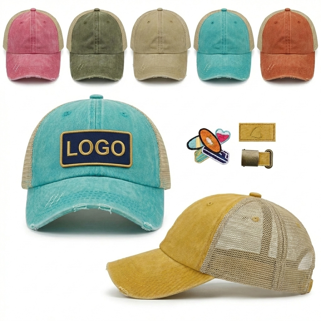 Adjustable Mesh Trucker Hat with Ponytail Hole & Distressed Brim