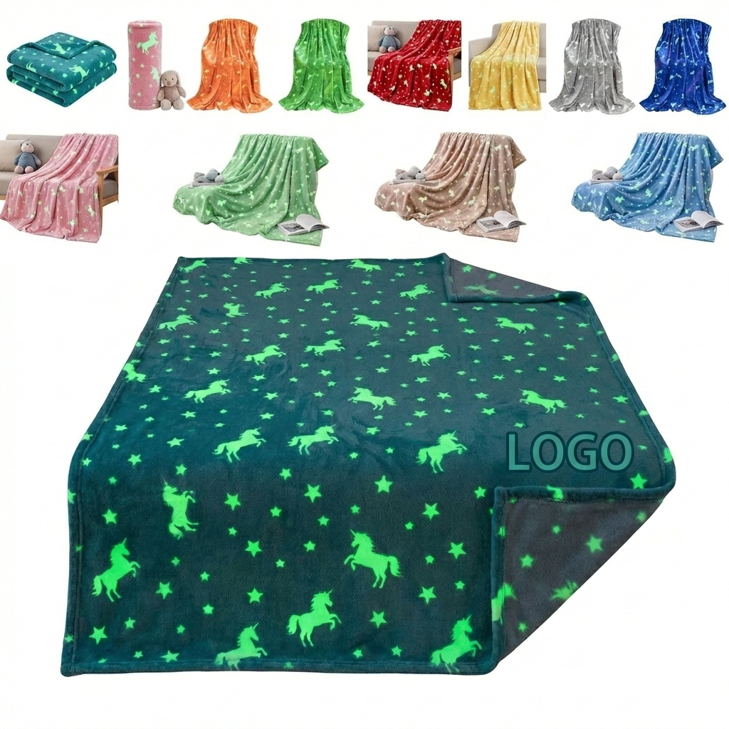 Glow-in-the-Dark Unicorn & Stars Flannel Throw Blanket