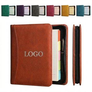 Professional PU Leather Zippered Ring Binder Organizer with Card Slots