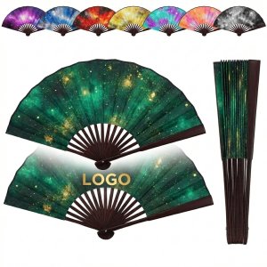 13" Double-Sided Imprint Bamboo Ribs Rave Folding Fan with Loud Snap