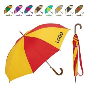 Classic Wooden-Handle Golf Umbrella, 64" Canopy, Auto Open, Yellow/Red